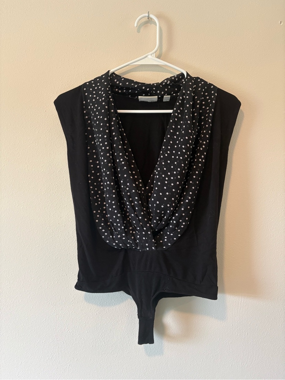 eva mendes for New York & Company Black Polka Dot Draped V-Neck Bodysuit